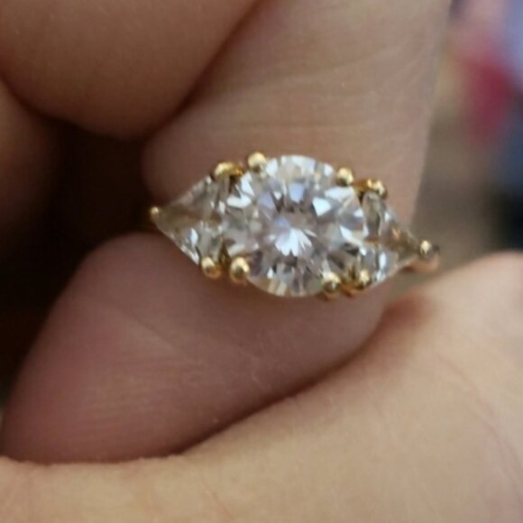 Round cut three stone ring. Simulated Round Stone Elevated Two Trillion Stones - Picture 2 of 9